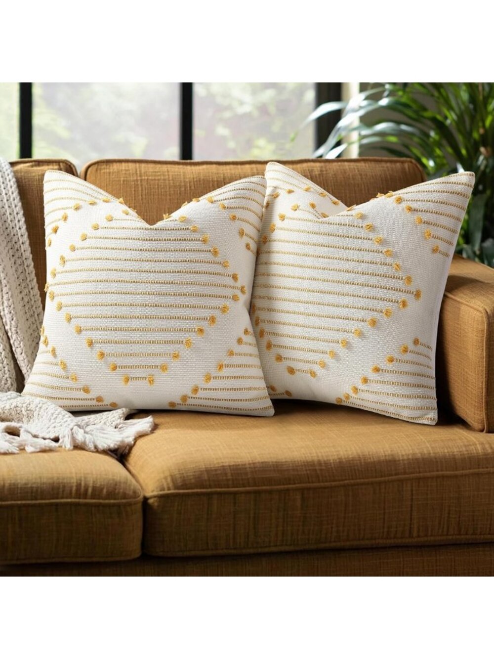 Boho Outdoor Throw Pillow Covers Set of 2 | 22x22 Yellow & White Decor